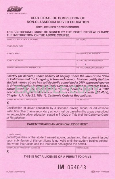 California Drivers Education Course - Sample DMV Completion Form
